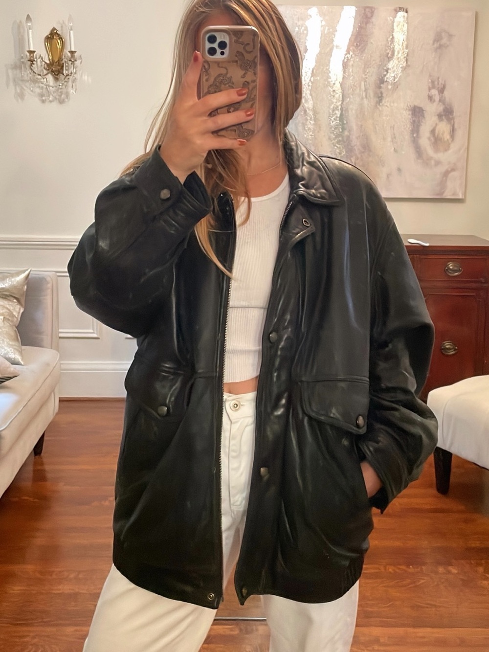 90s/Y2K Oversized Black Leather Bomber Jacket - Soft Genuine Leather Unisex